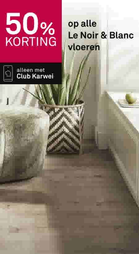 50% korting op alle Le Noir & Blanc vloeren. Alleen met Club Karwei. Vloer getoond met plant in gevlochten mand.