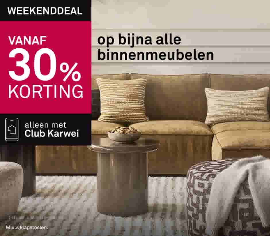 Weekenddeal: vanaf 30% korting op alle binnenmeubelen, beige bank met kussens en salontafel, alleen met Club Karwei.
