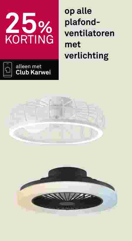 25% korting op plafondventilatoren met verlichting bij Club Karwei. Witte en zwarte ventilator afgebeeld.