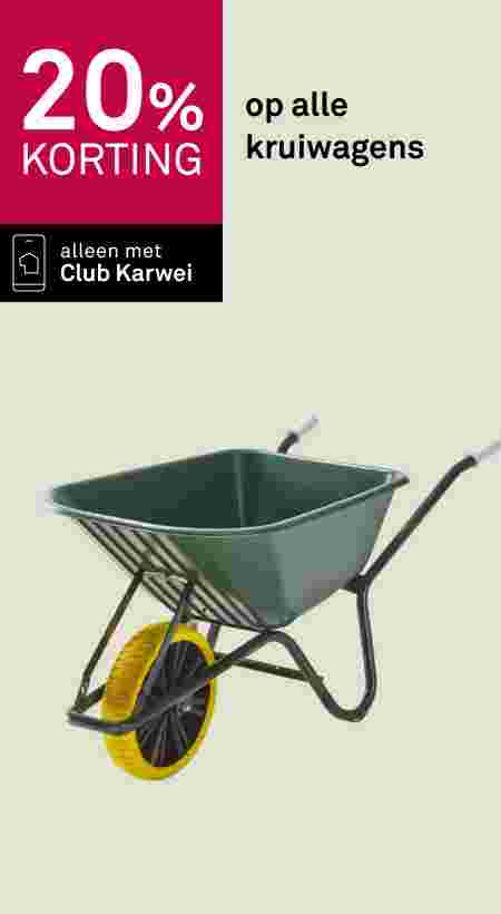 Groene kruiwagen met geel wiel en grijze handvatten. Advertentie: 20% korting op alle kruiwagens, alleen met Club Karwei.