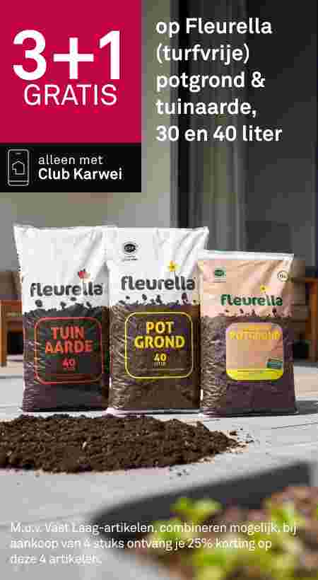 Drie zakken Fleurella grond: tuinaarde, potgrond en turfvrije potgrond van 40 liter. Aanbieding 3+1 gratis, alleen met Club Karwei.