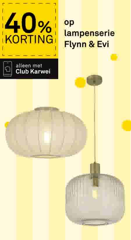 40% korting op lampenserie Flynn & Evi, alleen met Club Karwei. Twee hanglampen op gele achtergrond.