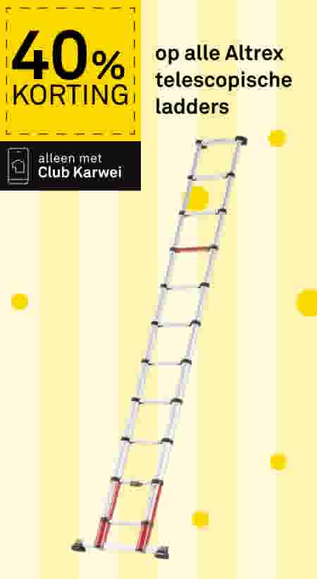 40% korting op alle Altrex telescopische ladders, alleen met Club Karwei. Afbeelding van een uitgeschoven aluminium telescopische ladder.
