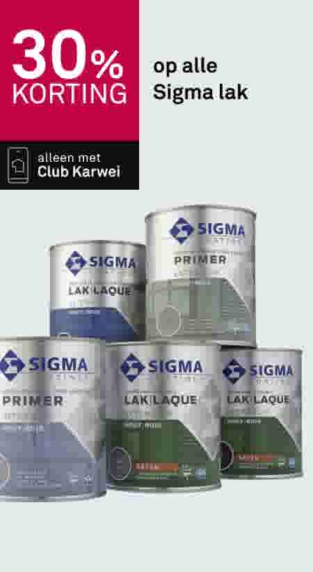30% korting op alle Sigma lak, alleen met Club Karwei. Afbeelding toont verschillende verfblikken van Sigma.