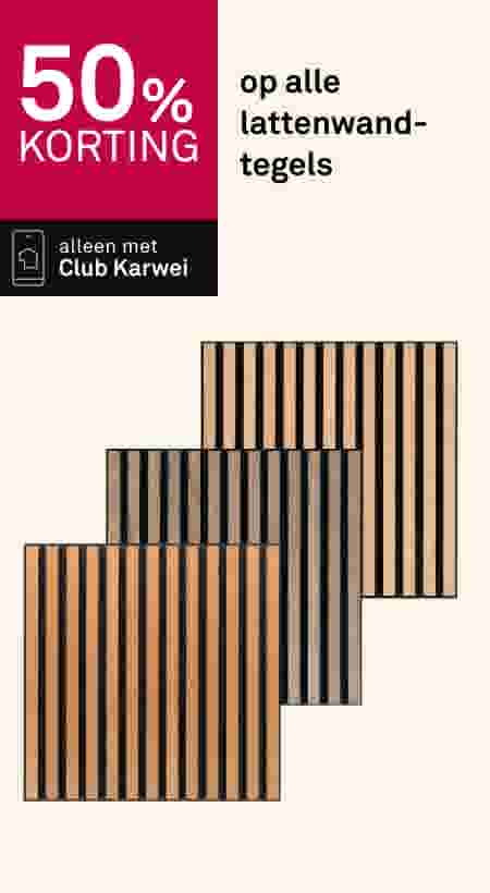 50% korting op alle lattenwandtegels,. Alleen met Club Karwei. Drie gestreepte lattenwandtegels in verschillende kleuren.