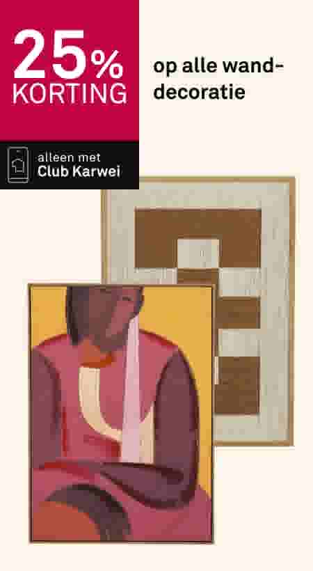 25% korting op alle wanddecoratie, alleen met Club Karwei. Afgebeeld: abstract schilderij en houten wandpanelen.