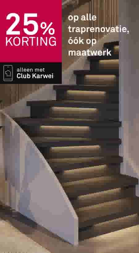 Moderne trap met LED-verlichting onder elke trede, 25% korting op traprenovatie met Club Karwei