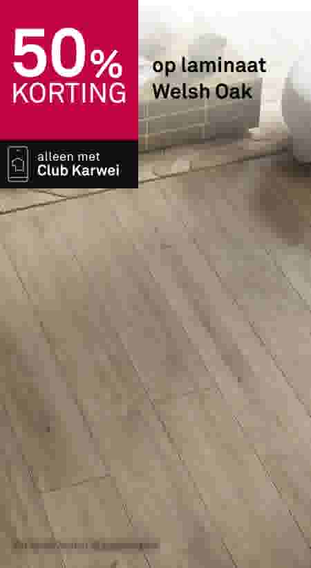50% korting op laminaat Welsh Oak. Alleen met Club Karwei. Lichtbruine houten planken in moderne ruimte.