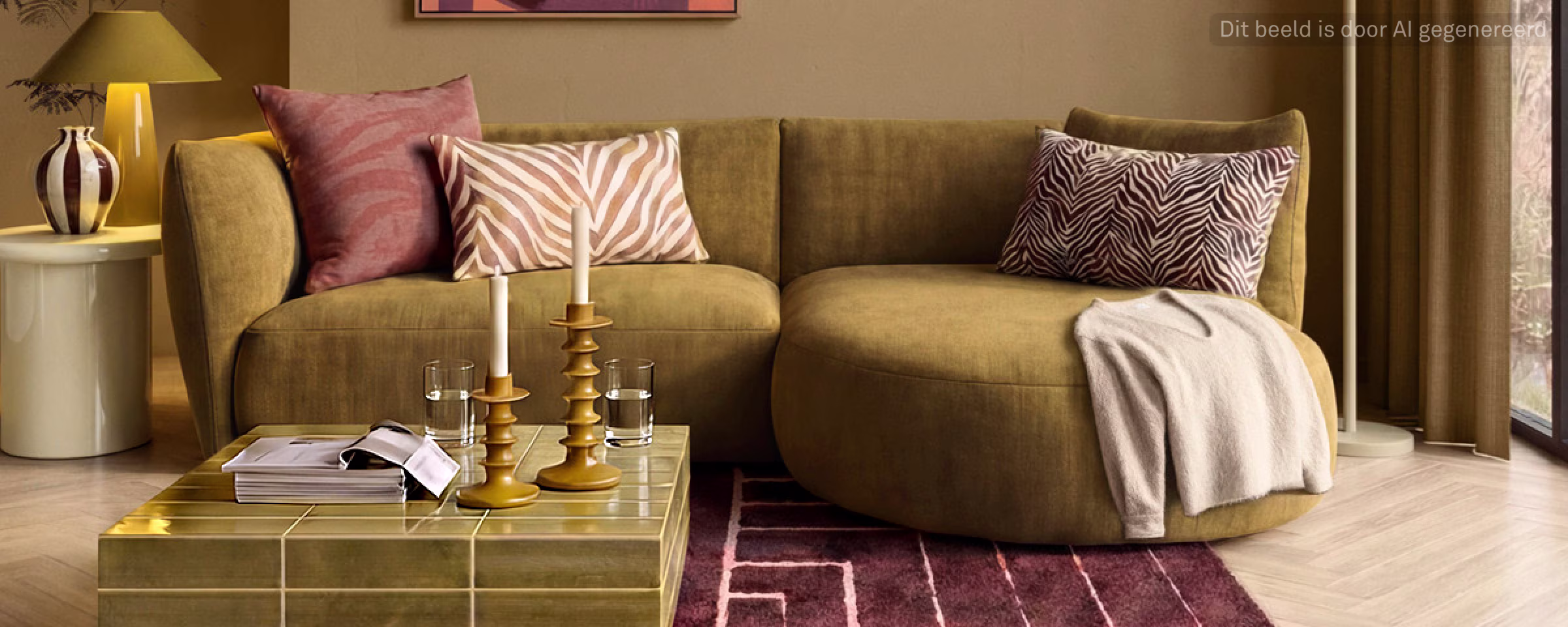 Moderne woonkamer met olijfgroene bank, roze en zebraprint kussens, gouden salontafel en abstract kunstwerk aan beige muur.