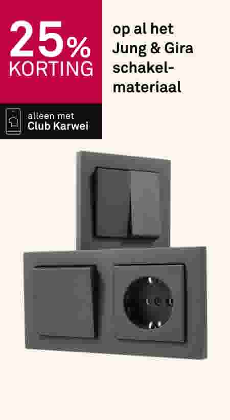25% korting op Jung & Gira schakelmateriaal. Alleen met Club Karwei. Antraciet schakelaars en stopcontact.