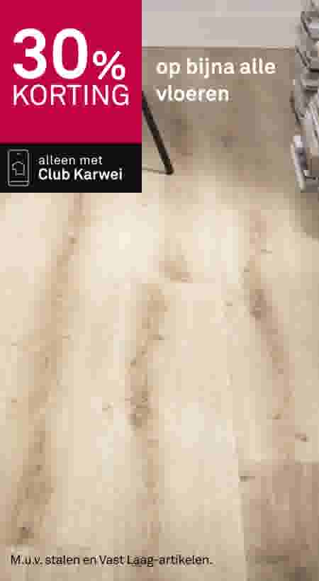 30% korting op bijna alle vloeren. Alleen met Club Karwei. Lichte houten vloer.