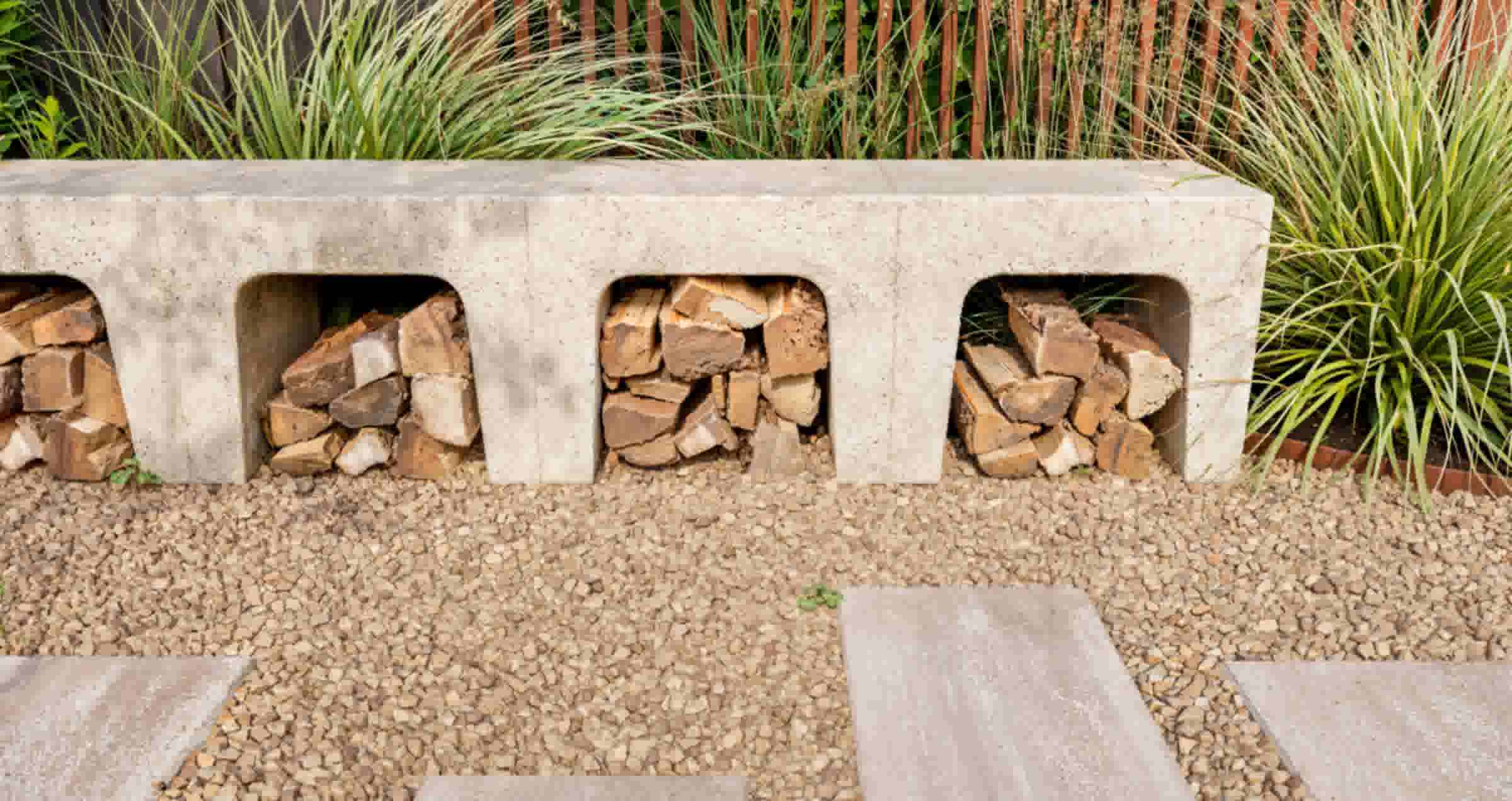 Betonnen beige stapelblokken met drie openingen gevuld met brandhout, omgeven door siergras en grind met tegels op de voorgrond.
