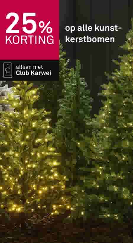 Kunstkerstbomen met verlichting, 25% korting alleen met Club Karwei, donkere achtergrond met roze banner