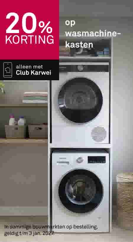 Witte Siemens wasmachine en droger gestapeld in wasruimte met 20% korting banner voor Club Karwei leden.