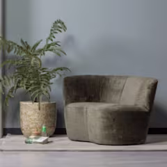 Groene ronde fauteuil naast een plant in een beige pot, op een lichtgrijs tapijt tegen een blauwe muur.