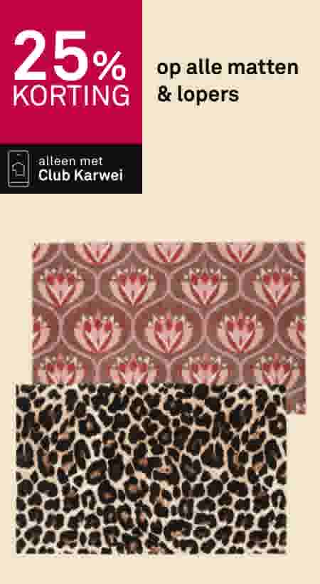 25% korting op alle matten en lopers, alleen met Club Karwei. Twee matten getoond: bloemenpatroon en luipaardprint.