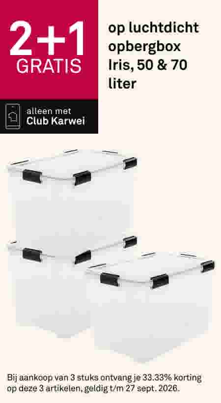 Drie transparante opbergboxen met zwarte clips, 2+1 gratis aanbieding voor Iris 50 en 70 liter boxen met Club Karwei.