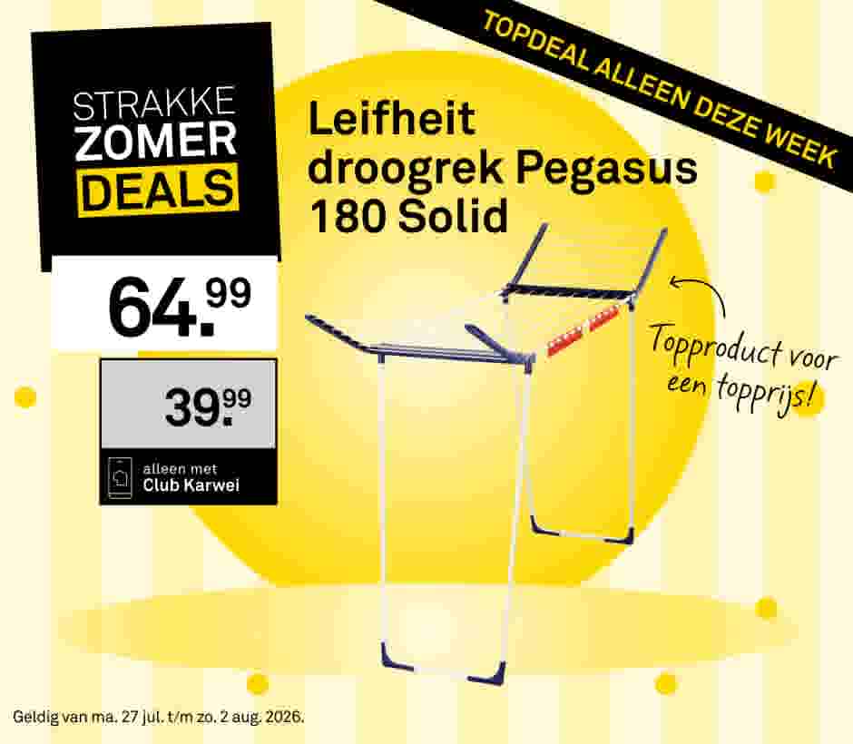 Leifheit droogrek Pegasus 180 Solid in aanbieding voor €39,99 met Club Karwei, normaal €64,99.