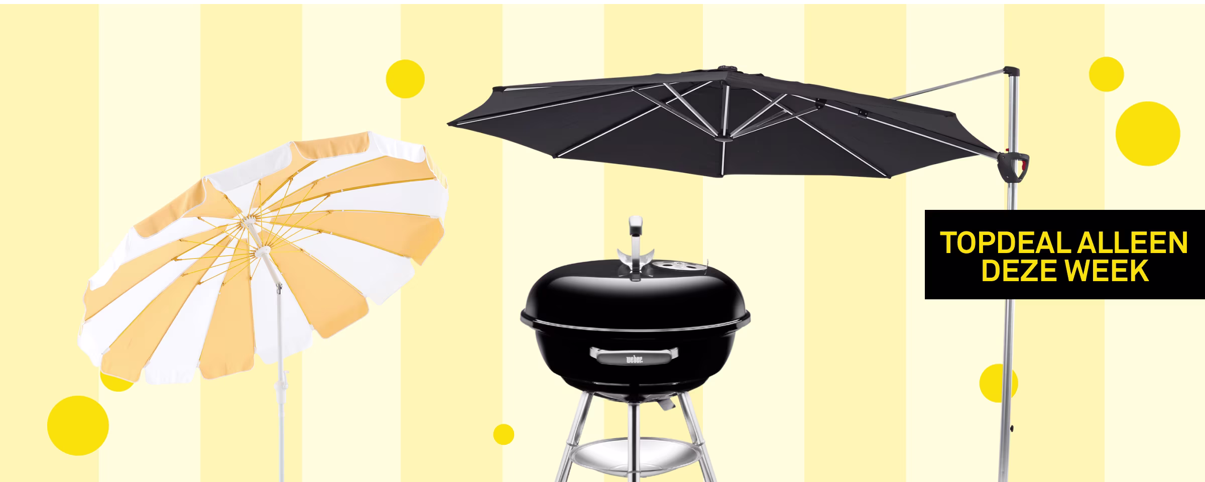 Zomerse producten: geel-witte parasol, zwarte BBQ, grijze zweefparasol en blauwe opblaasbaar zwembad. Tekst: Speciale Zomerdeals.