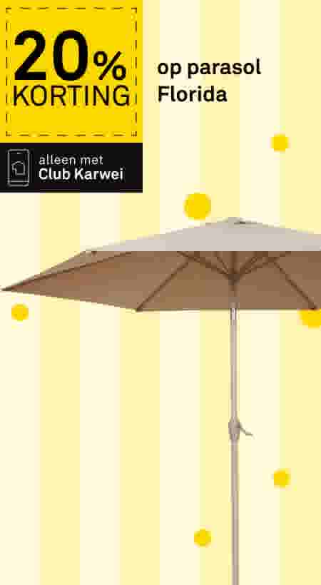 Beige parasol Florida op gele achtergrond. Advertentie toont 20% korting, alleen met Club Karwei.