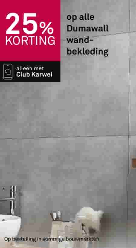 25% korting op Dumawall wandbekleding met Club Karwei, getoond op grijze betonlook tegels in badkamer