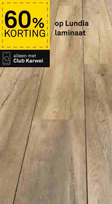 60% korting op Lundia laminaat, alleen met Club Karwei. Close-up van bruine houten laminaatvloer met houtnerf.