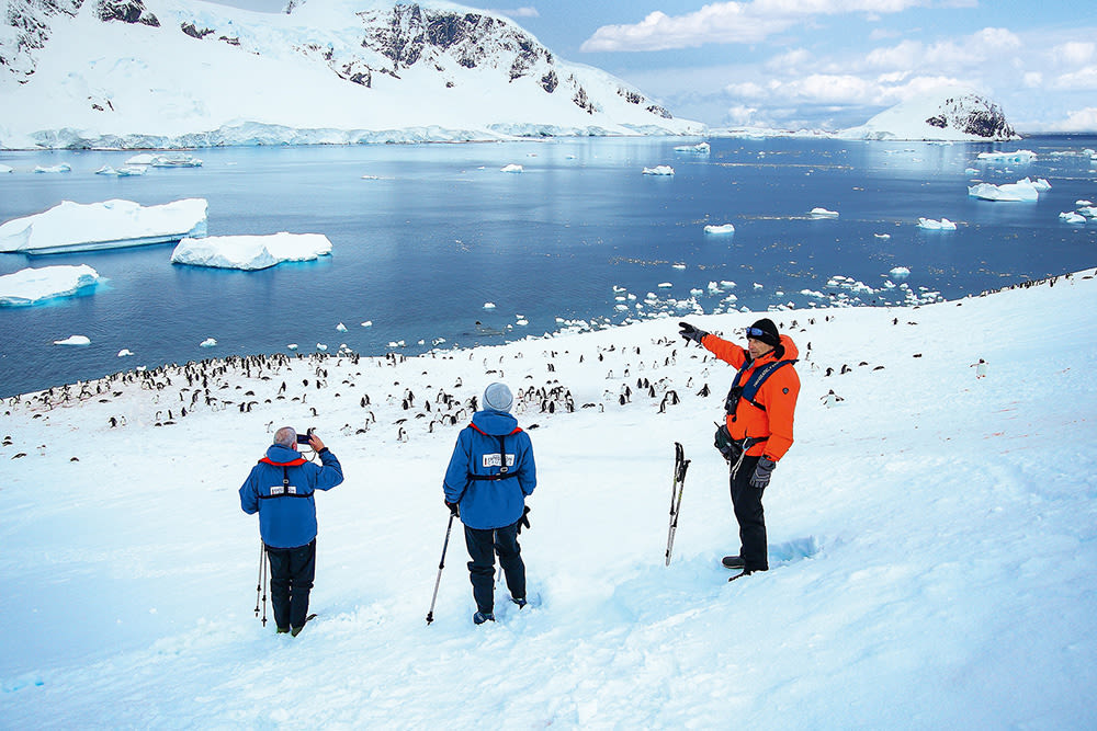 Antarktis. Ein Mann in orange Jacke weist zwei Gästen in blauen Jacken den Weg. Im Hintergrund sind Eisberge und Pinguine zu erkennen. 
