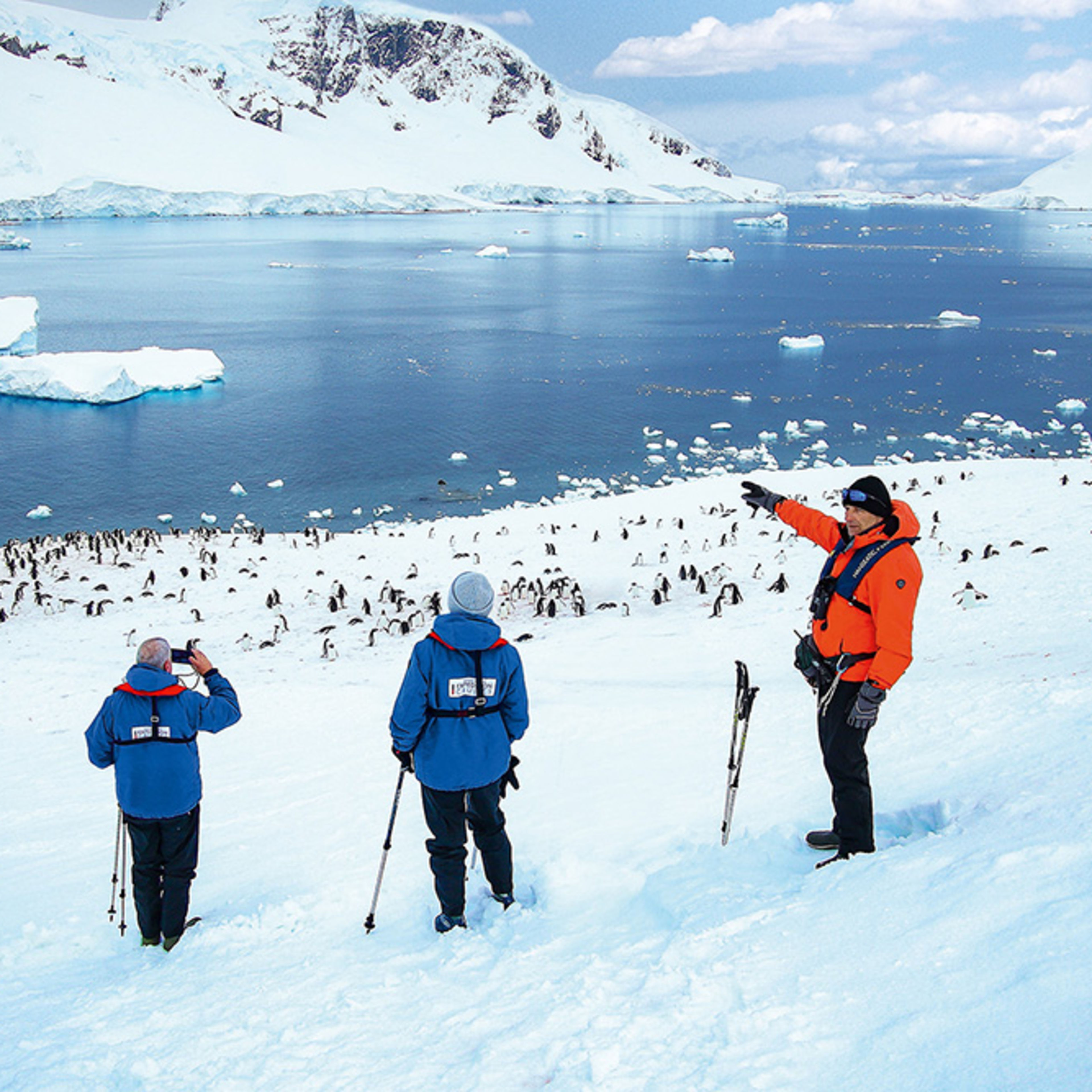 Antarktis. Ein Mann in orange Jacke weist zwei Gästen in blauen Jacken den Weg. Im Hintergrund sind Eisberge und Pinguine zu erkennen.