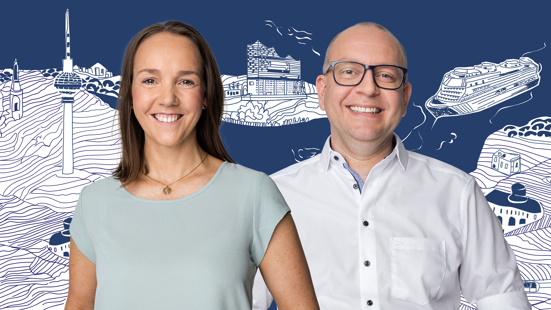 Zwei Personen vor blau-weißem Hintergrund, auf welchem ein Schiff sowie Berlin und Hamburg zu sehen sind