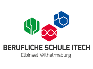 Drei Symbole in grün, rot und blau sowie der Schriftzug Berufliche Schule ITECH Elbinsel Wilhelmsburg