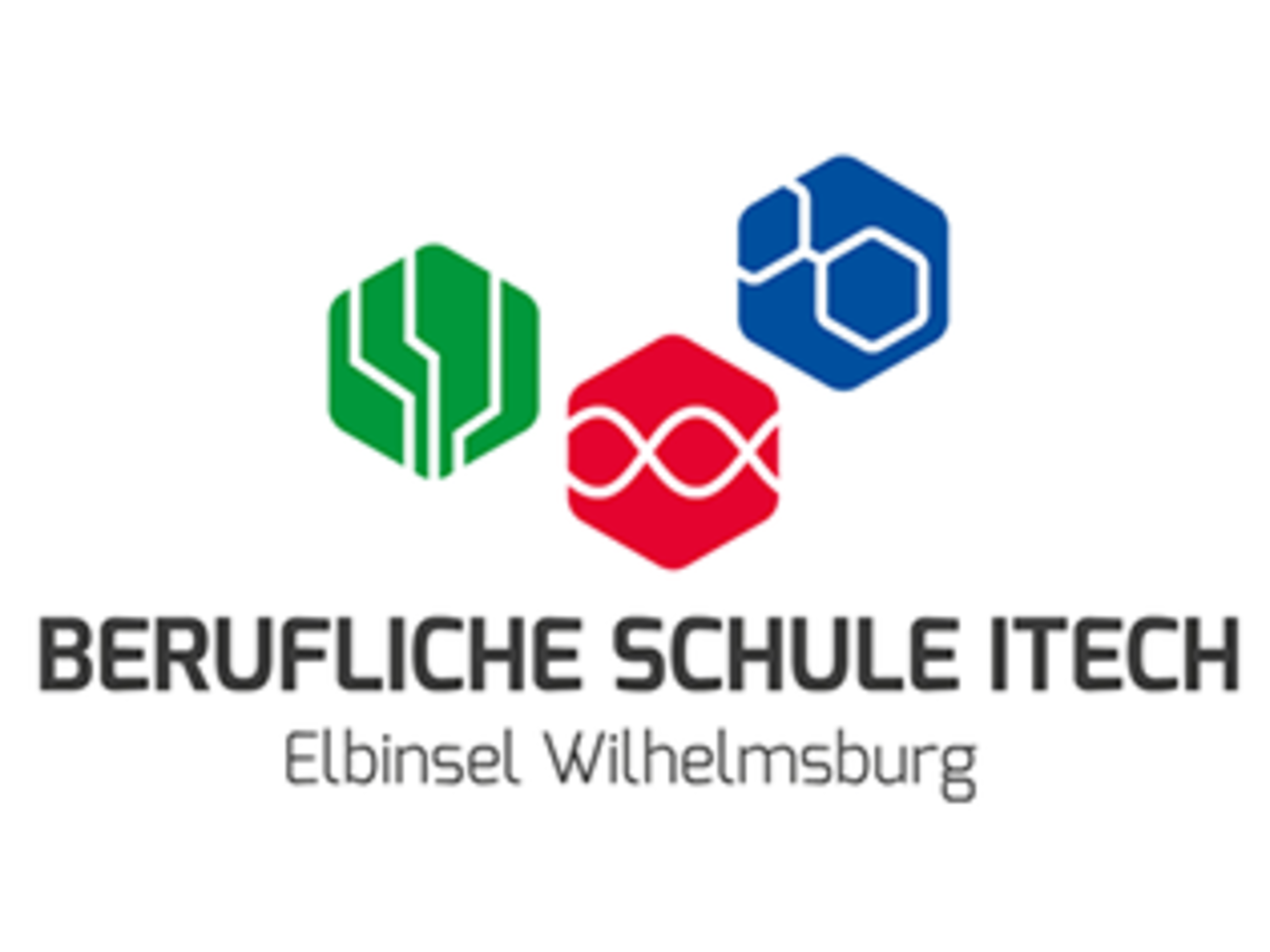 Drei Symbole in grün, rot und blau sowie der Schriftzug Berufliche Schule ITECH Elbinsel Wilhelmsburg
