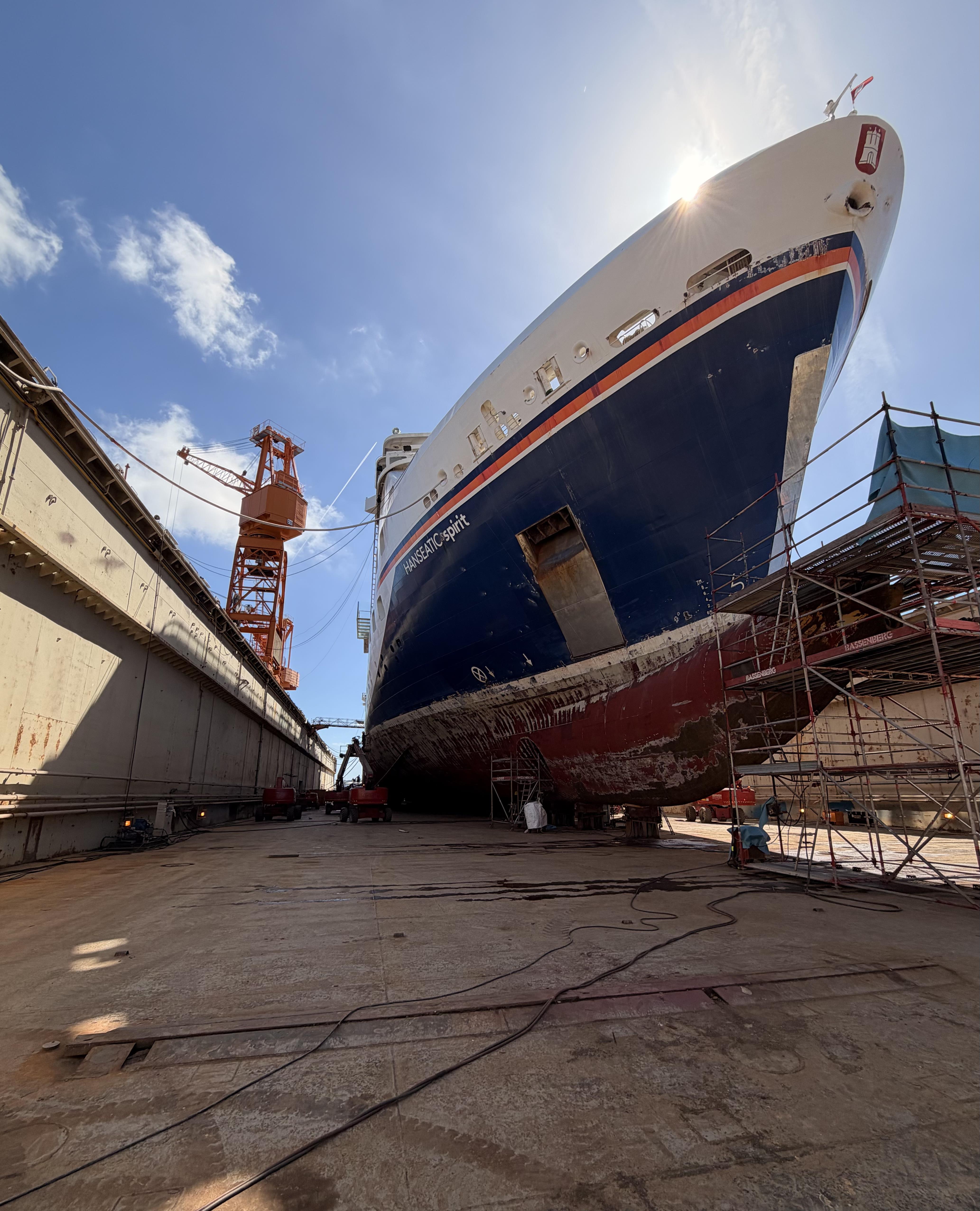 The HANSEATIC spirit in the floating dock at the Lloyd shipyard in Bremerhaven