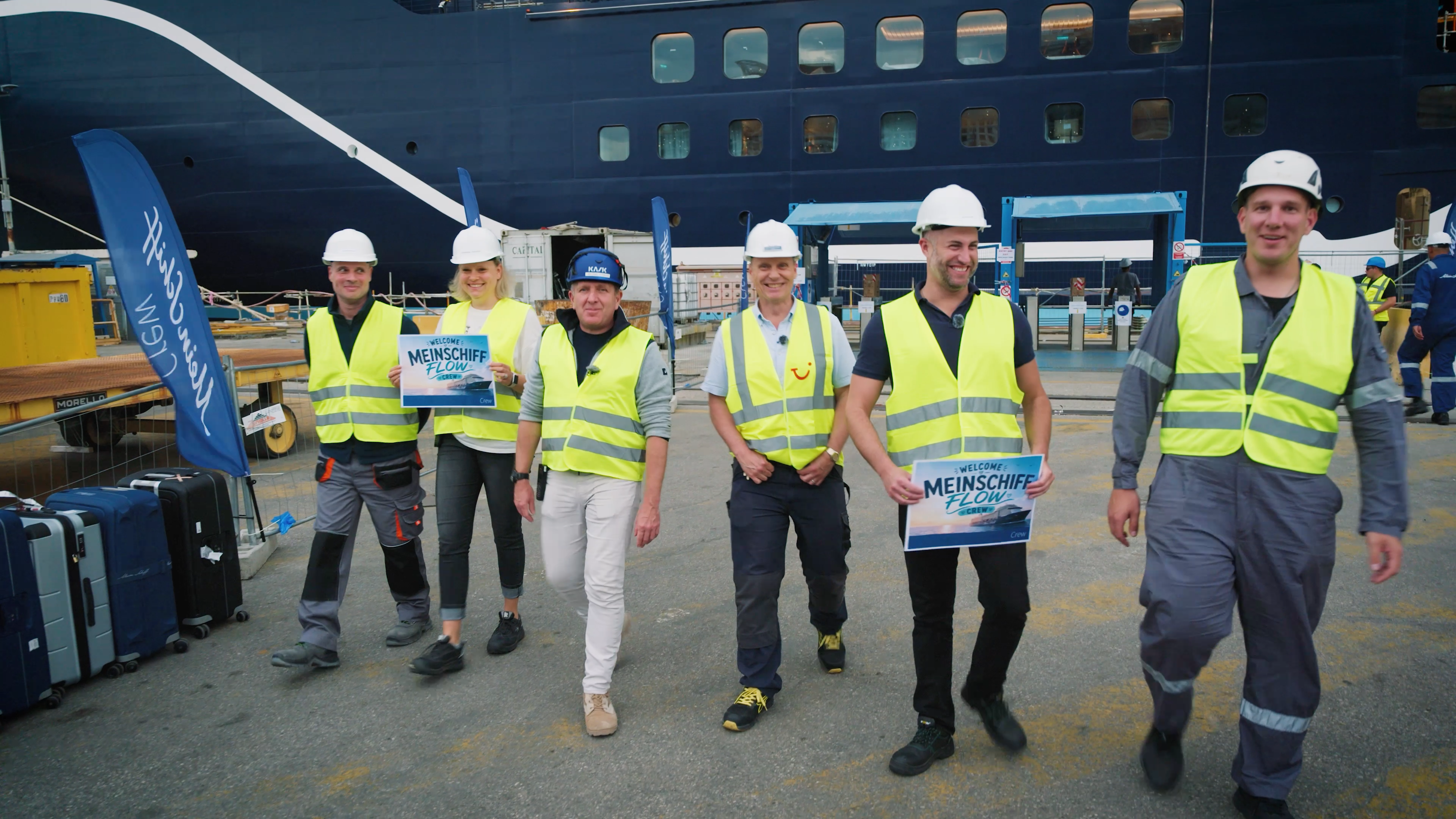 From left to right: Benjamin Dienes (Hotel  Manager), Sabrina Janssen (Human Resources Manager), Michael Strauss (General Manager), Captain Jan Gustaf Rautawaara, Pascal Tischler (Cruise Director), Conrad Buchholz (First Officer)