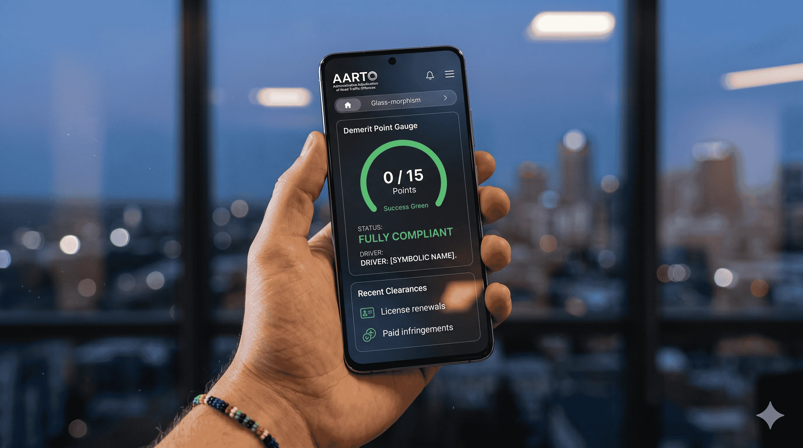 Digital dashboard showing AARTO demerit points and driving record status in South Africa.
