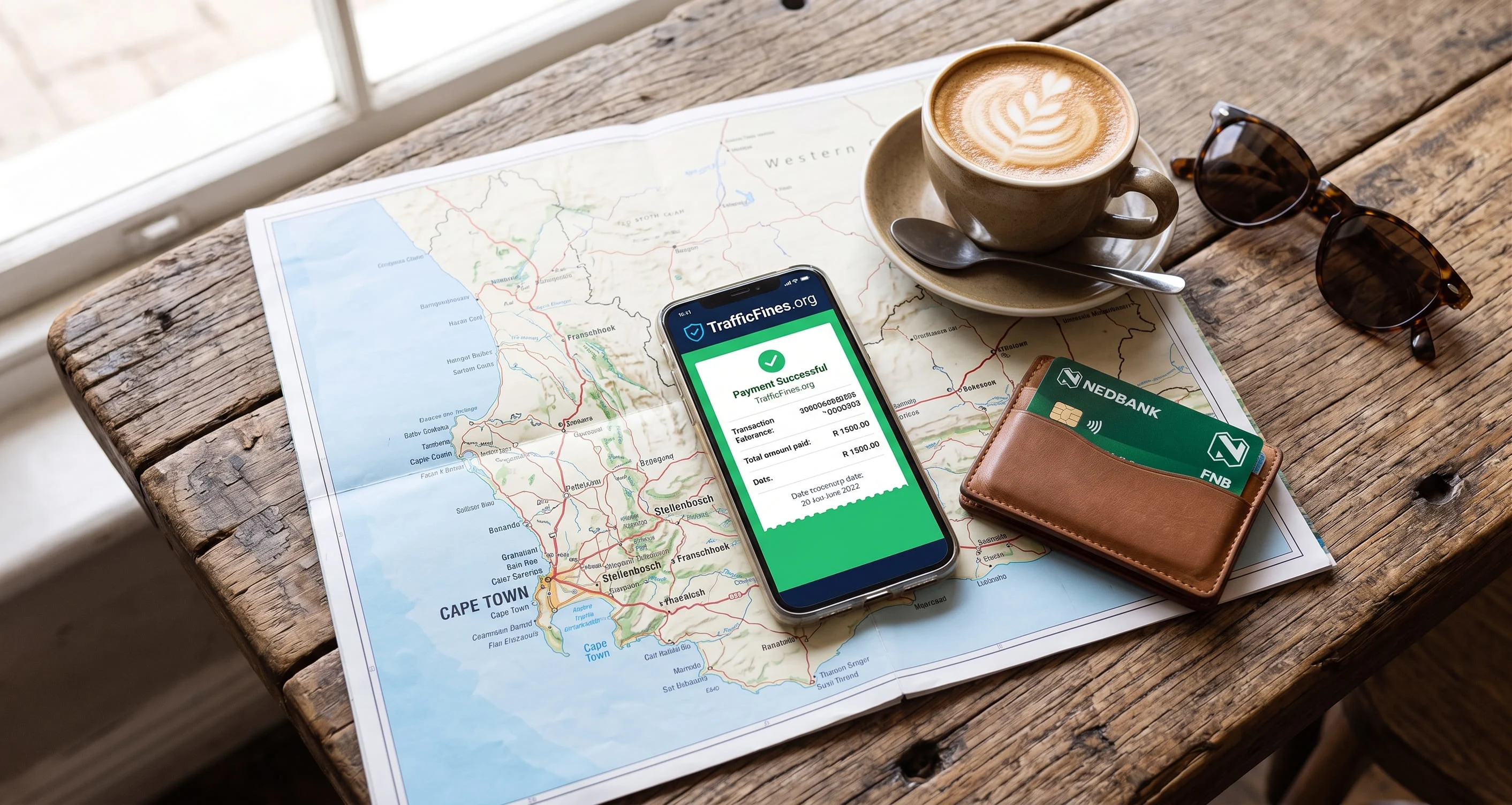 A smartphone displaying a successful traffic fine payment receipt resting on a map of the Western Cape, next to a wallet and coffee on a café table. A smartphone displaying a successful traffic fine payment receipt resting on a map of the Western Cape, next to a wallet and coffee on a café table.