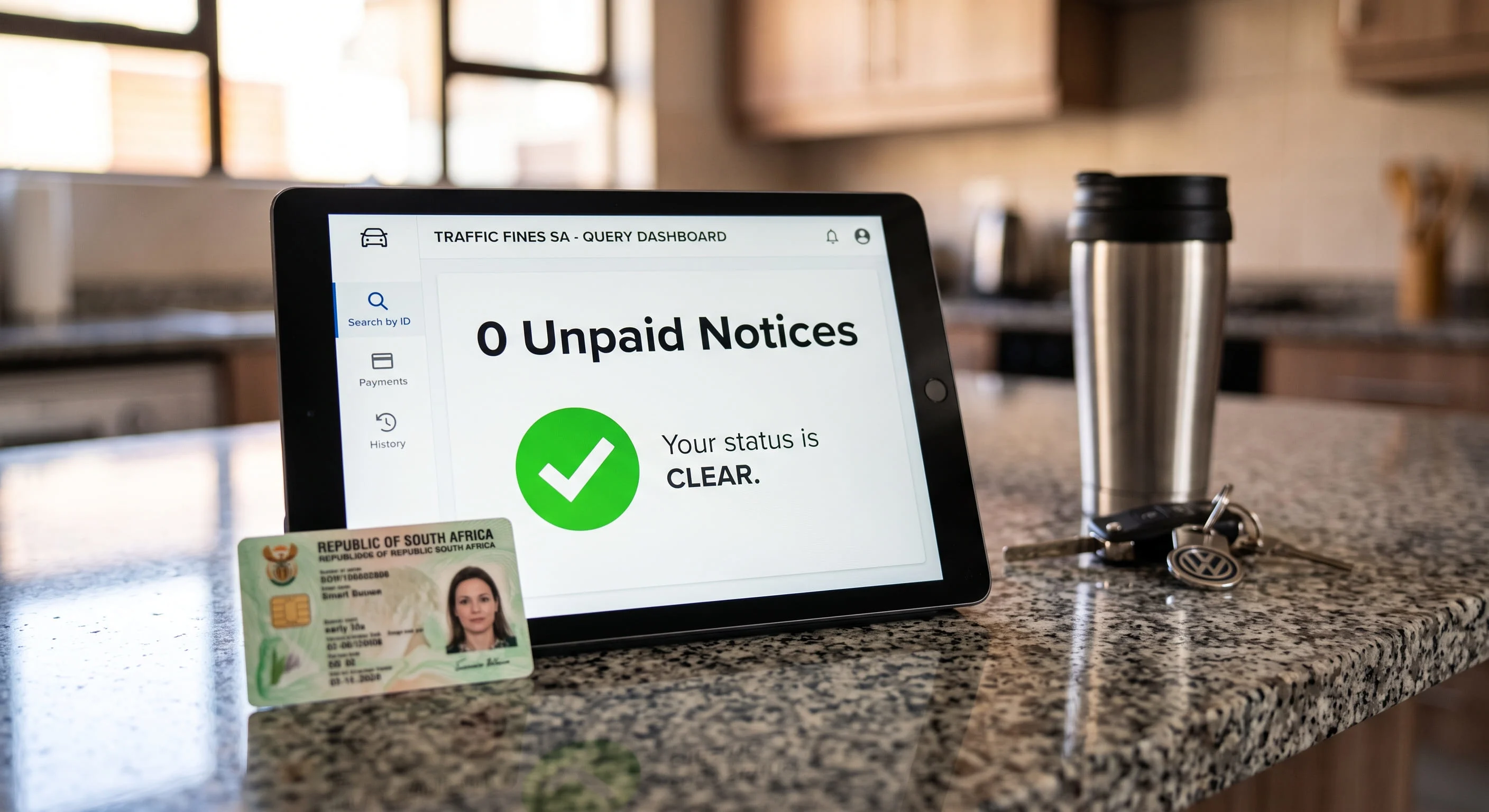 A South African smart ID card placed next to an open tablet screen displaying a clear record after using an online portal to view fines with ID number. A South African smart ID card placed next to an open tablet screen displaying a clear record after using an online portal to view fines with ID number.