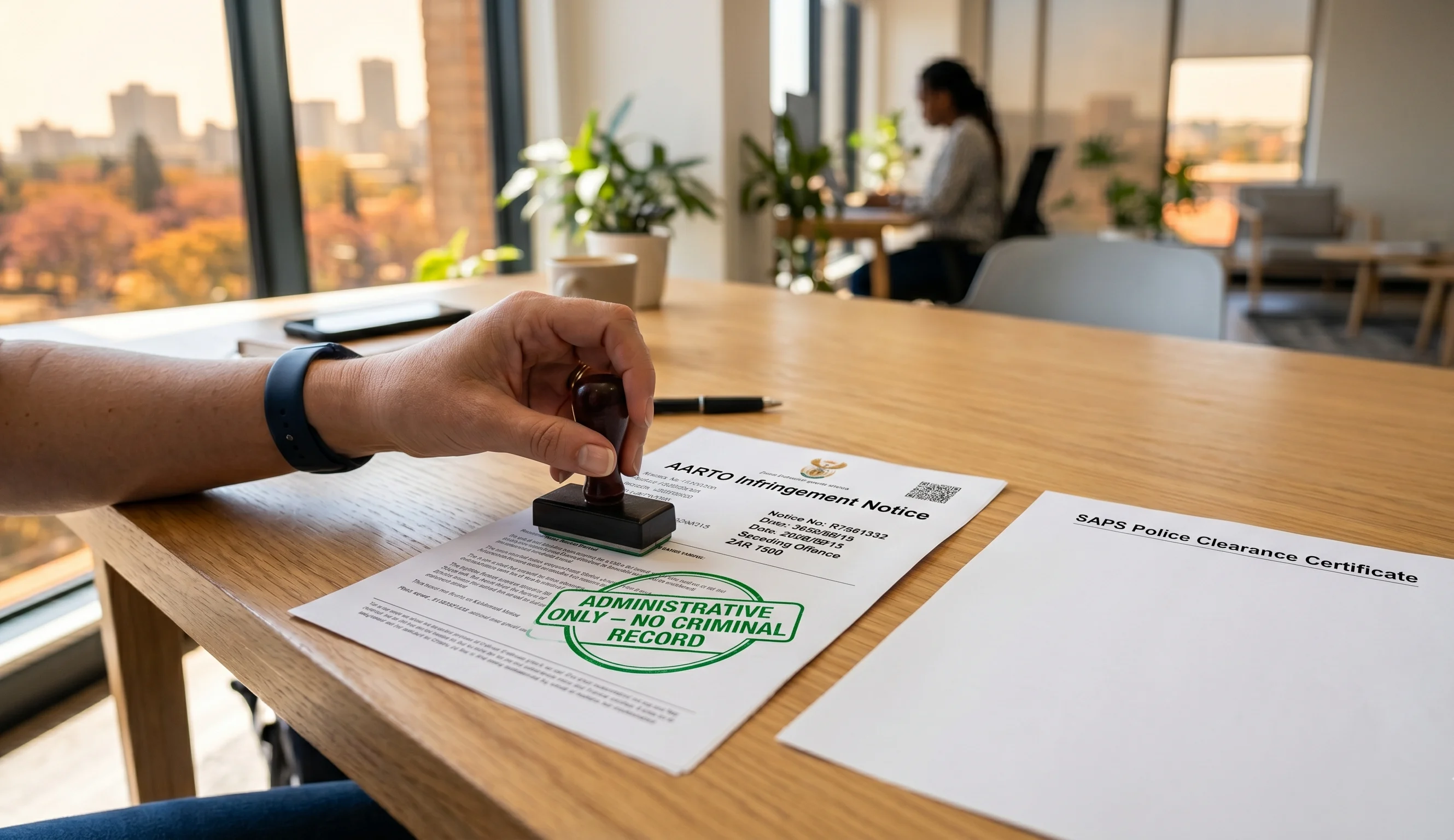 Will an AARTO fine appear on my criminal record? No, a hand stamps an administrative fine 'CLEARED' from any criminal database risk on a professional desk in South Africa.