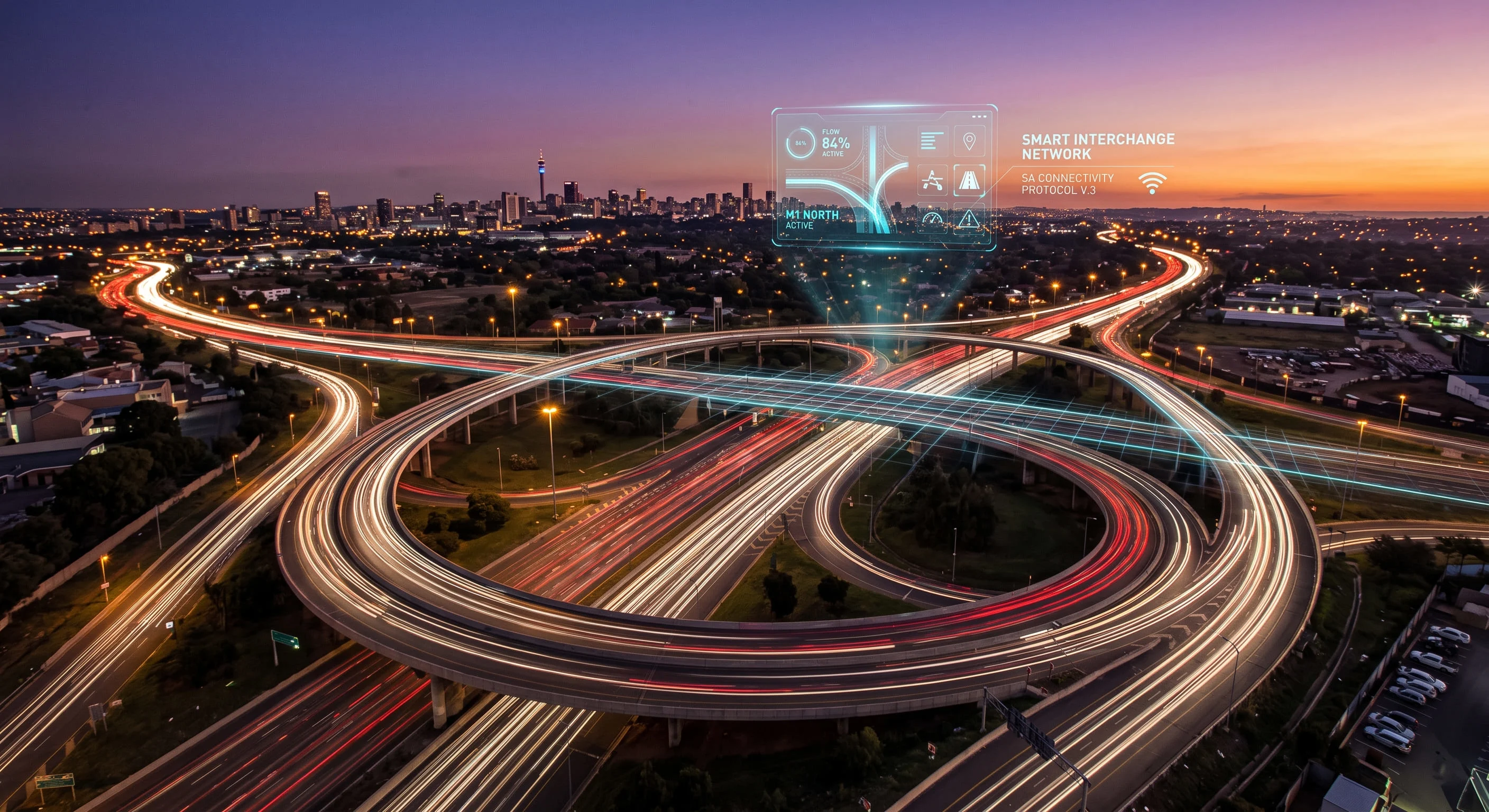 An aerial long-exposure photograph of light trails on a South African highway interchange at dusk, symbolizing digital vehicle tracking and traffic systems.