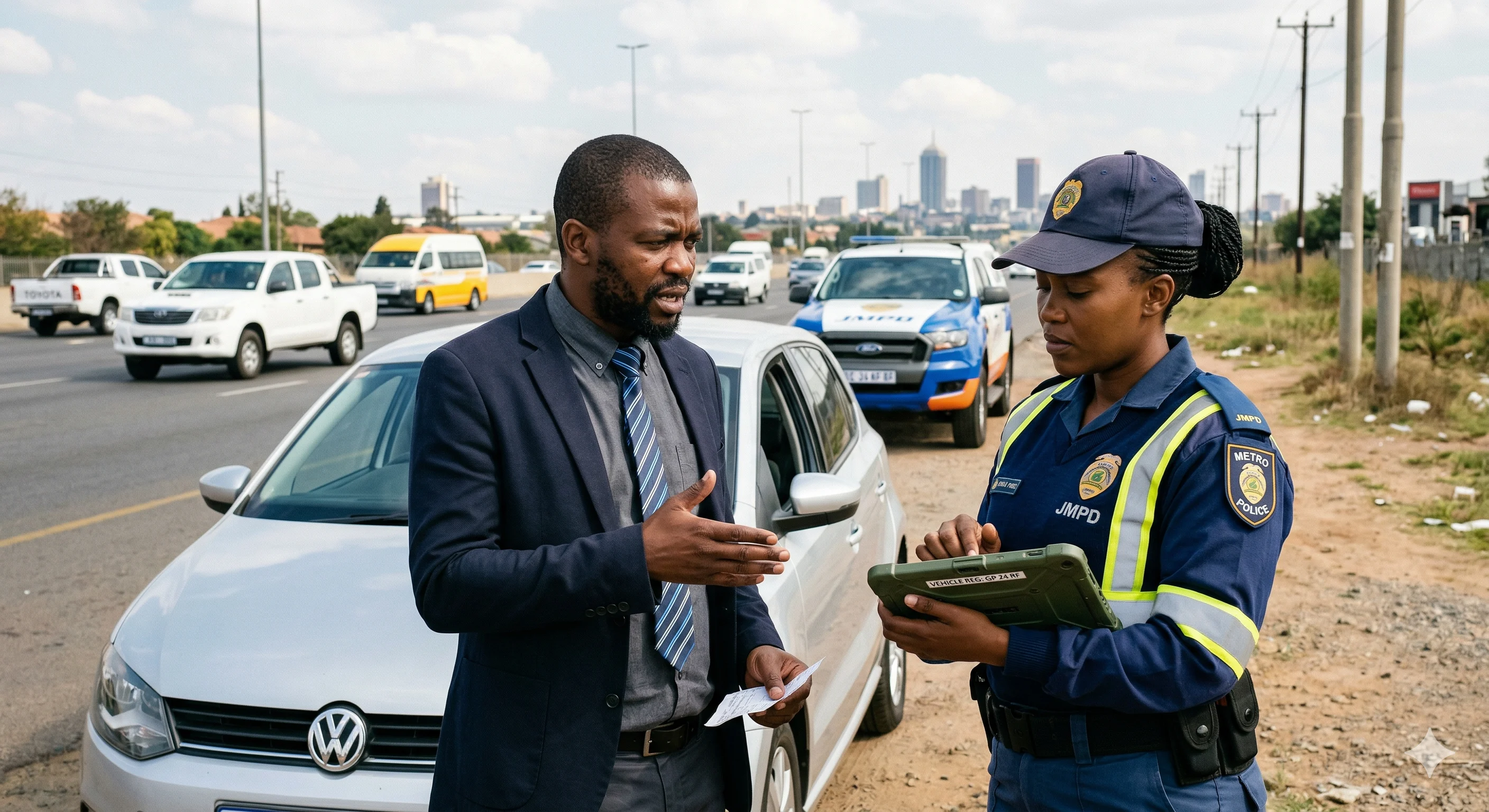 A motorist at a South African roadblock being informed about a traffic fine warrant.