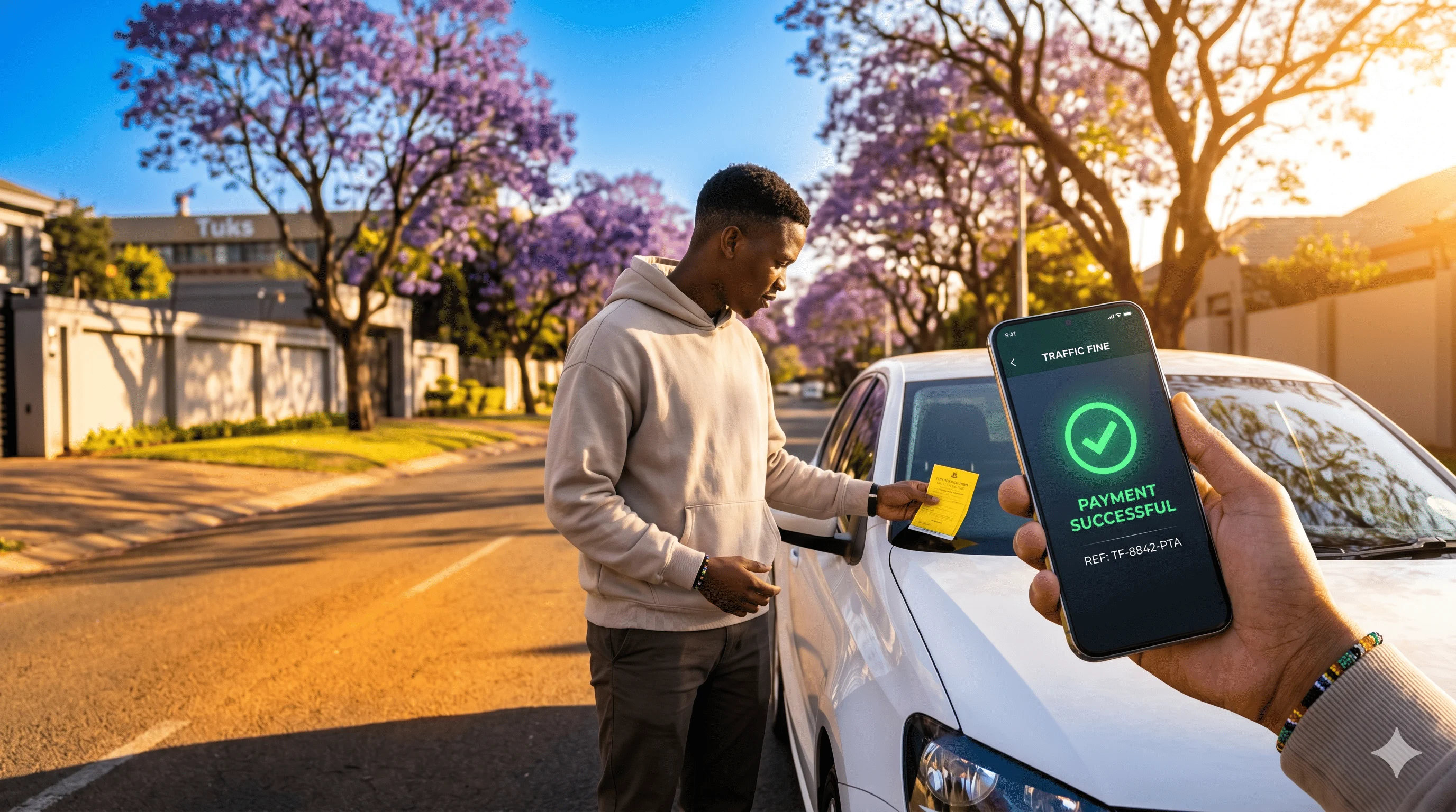 A Pretoria student checking a traffic fine notice while using a smartphone app to explore payment options near a street lined with Jacaranda trees.