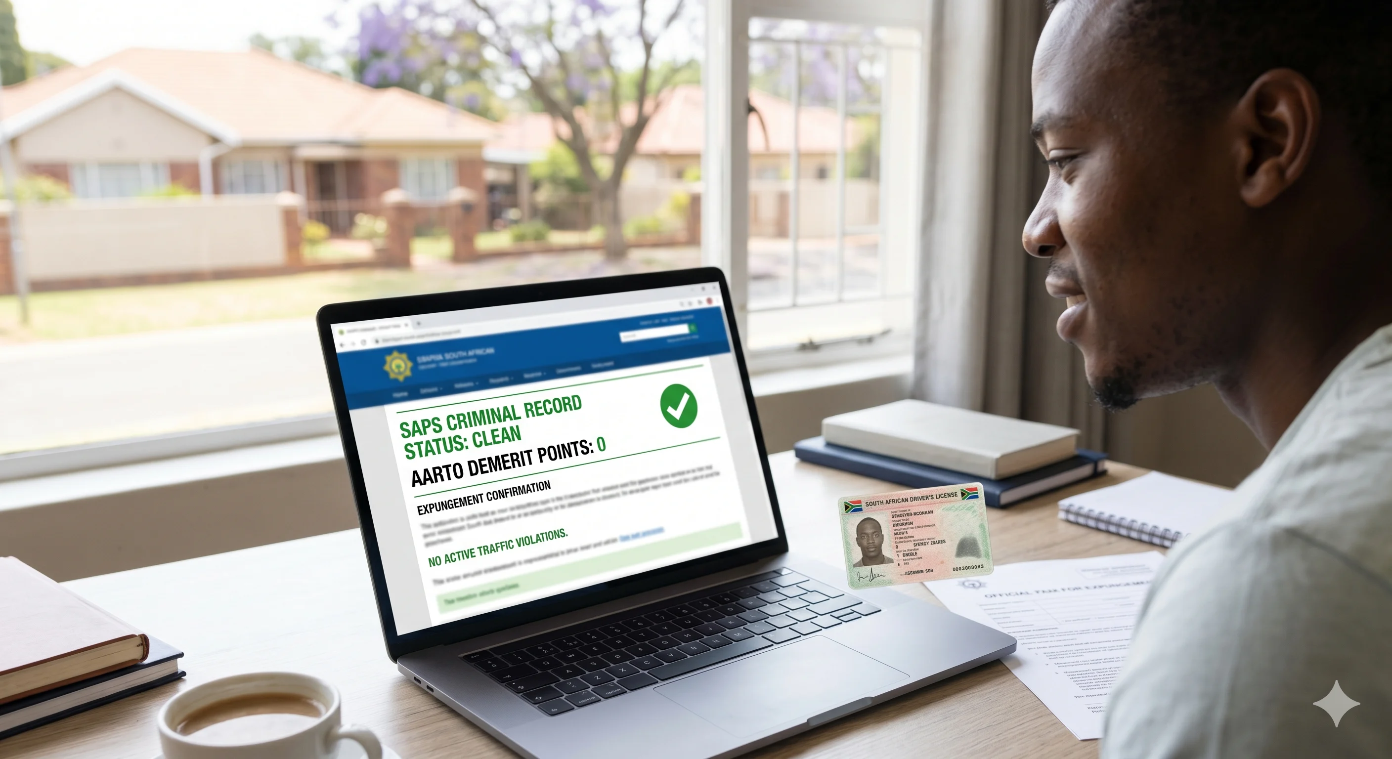 A South African driver looking at a laptop screen displaying a clean record status, effectively understanding how to clear your driving history of traffic violations.