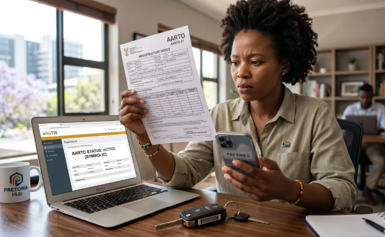 Driver reviewing how AARTO demerit points work on an eNaTIS account screen.