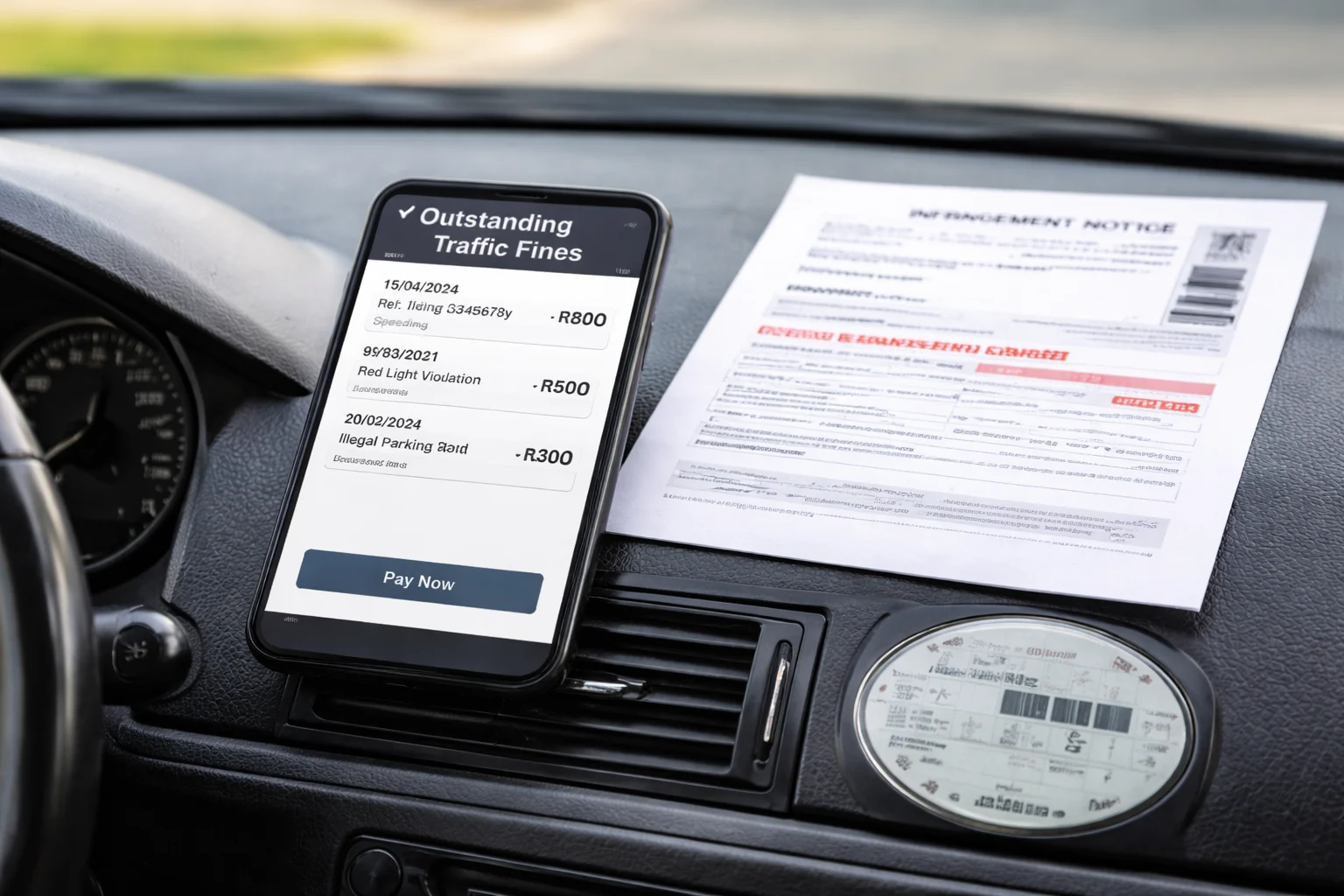 A smartphone displaying a list of outstanding traffic fines with dates and reference numbers while a printed traffic fine notice lies next to the phone on a car dashboard.
