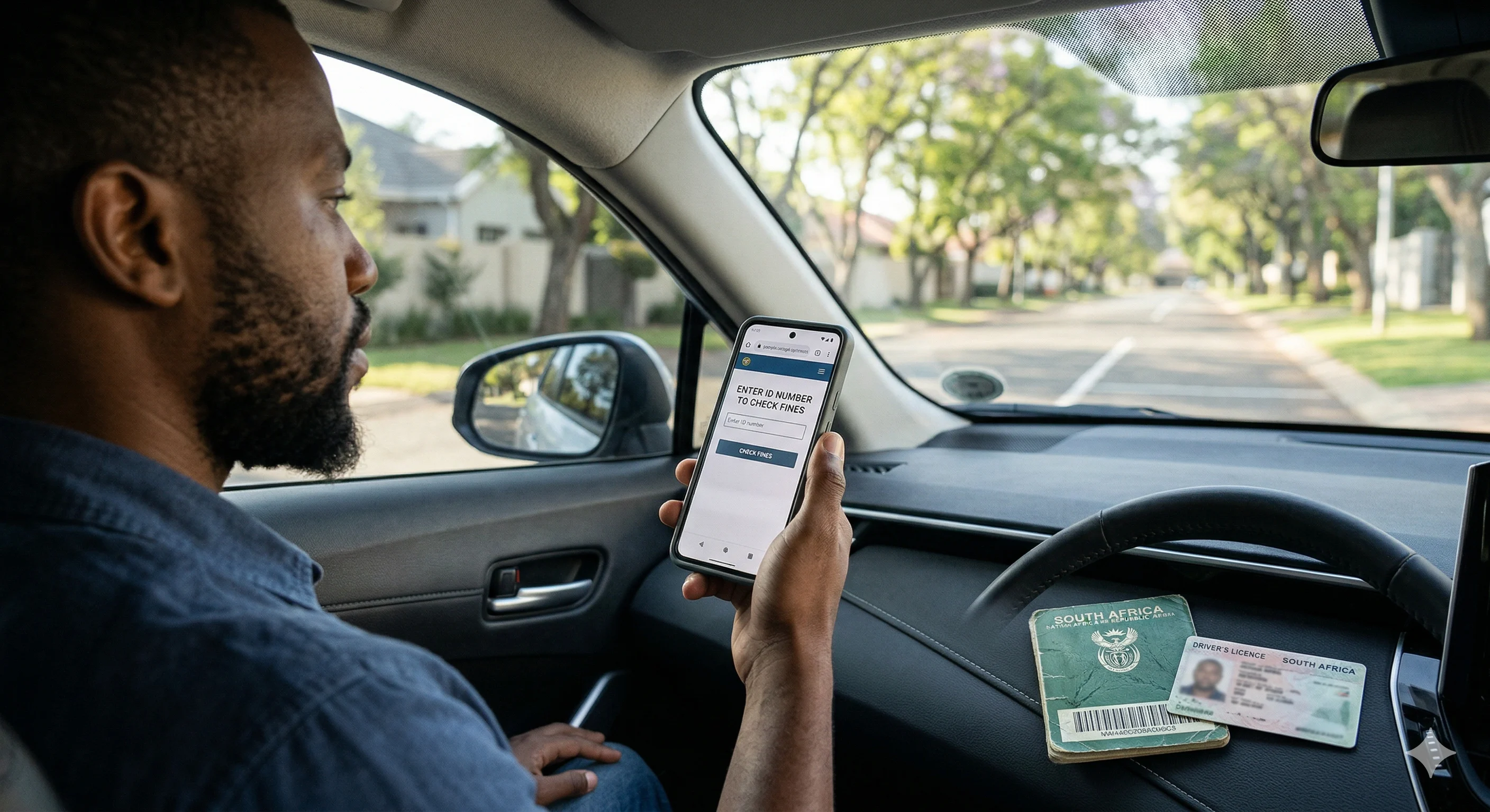 A driver safely parked in Pretoria using a smartphone to check traffic fines online with a South African ID book on the dashboard. A driver safely parked in Pretoria using a smartphone to check traffic fines online with a South African ID book on the dashboard.