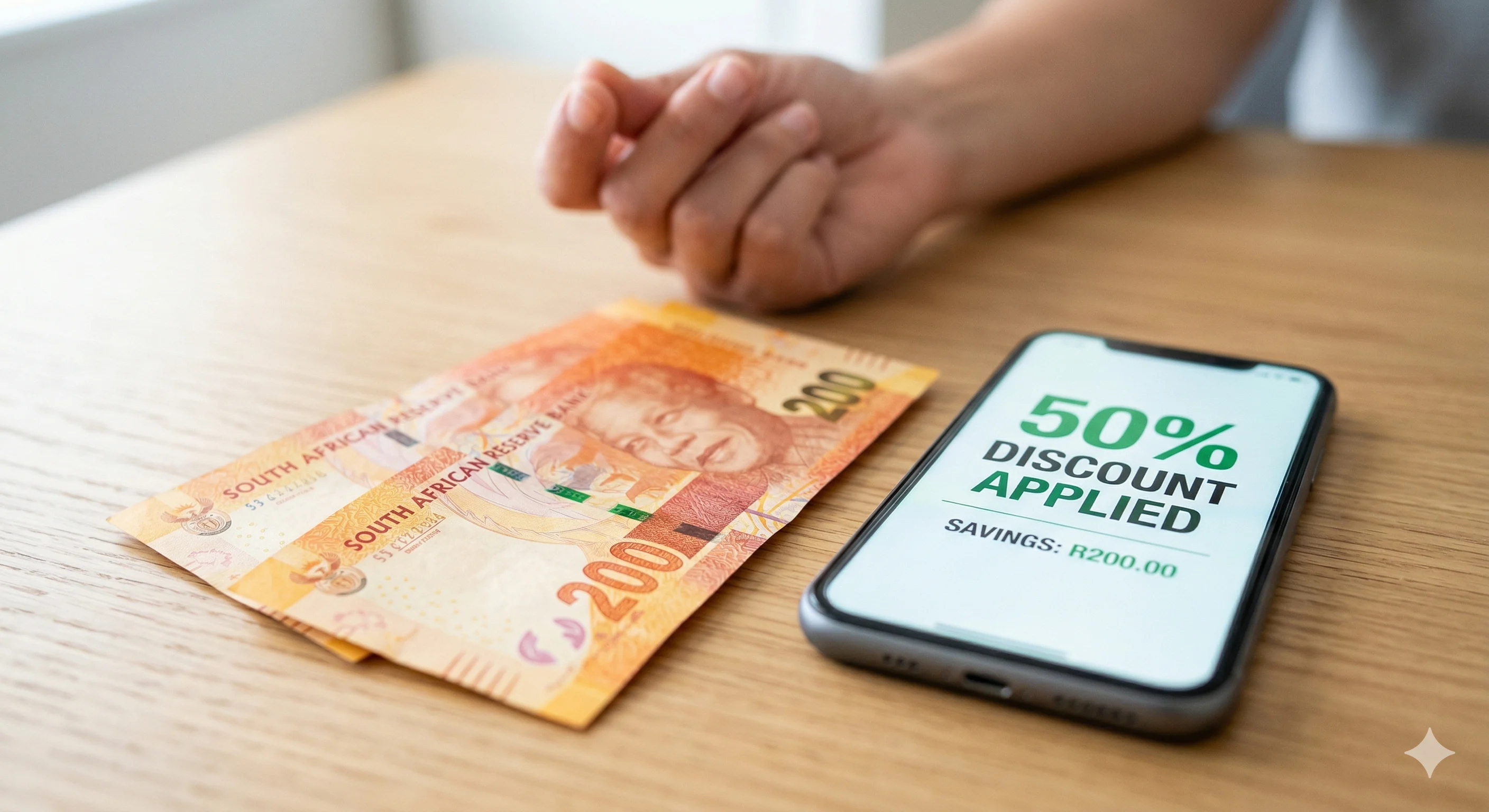 South African R200 banknotes next to a smartphone displaying a 50 percent discount applied to an online traffic fine payment. South African R200 banknotes next to a smartphone displaying a 50 percent discount applied to an online traffic fine payment.