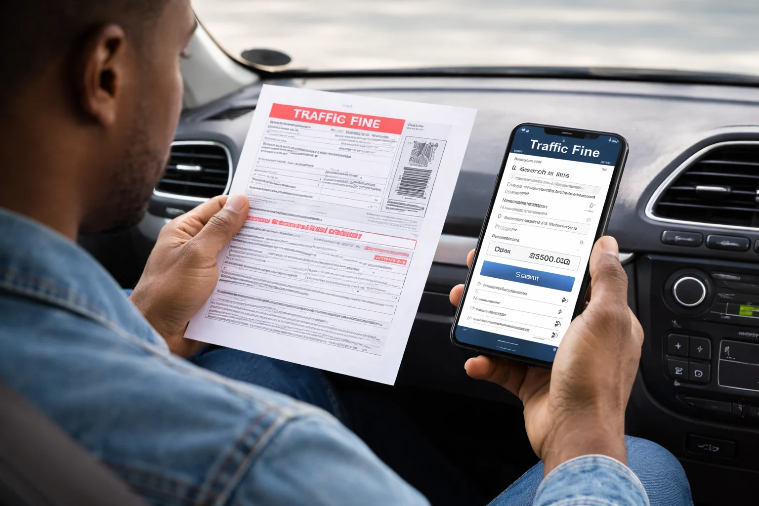 A South African driver reviewing a printed traffic fine notice while holding a smartphone showing traffic fine details, sitting inside a parked car with the steering wheel and dashboard visible.