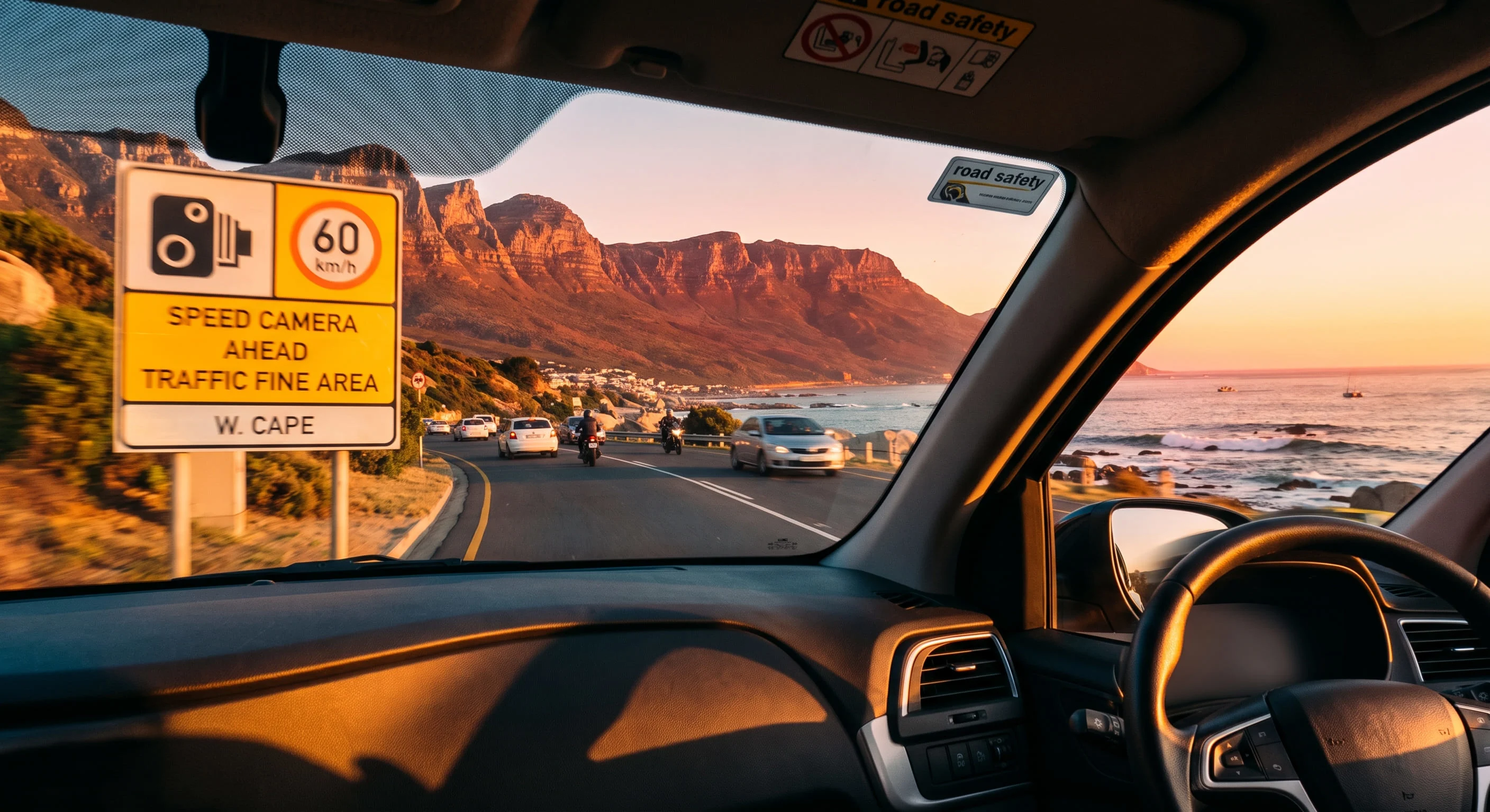 A cinematic dashboard view from a car driving near Table Mountain at golden hour, passing a yellow speed camera warning sign on a Cape Town road.