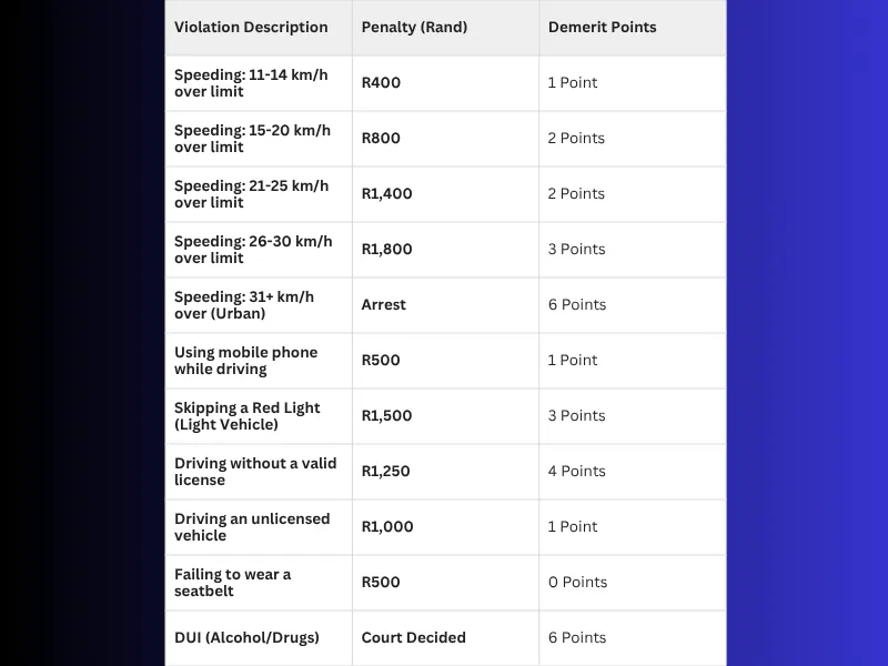 The Demerit Points Table 2026 AARTO demerit points table for common traffic violations. A clear table or graphic showing common offences. For example: Speeding (2 pts), Cellphone (1 pt), Red Light (3 pts).