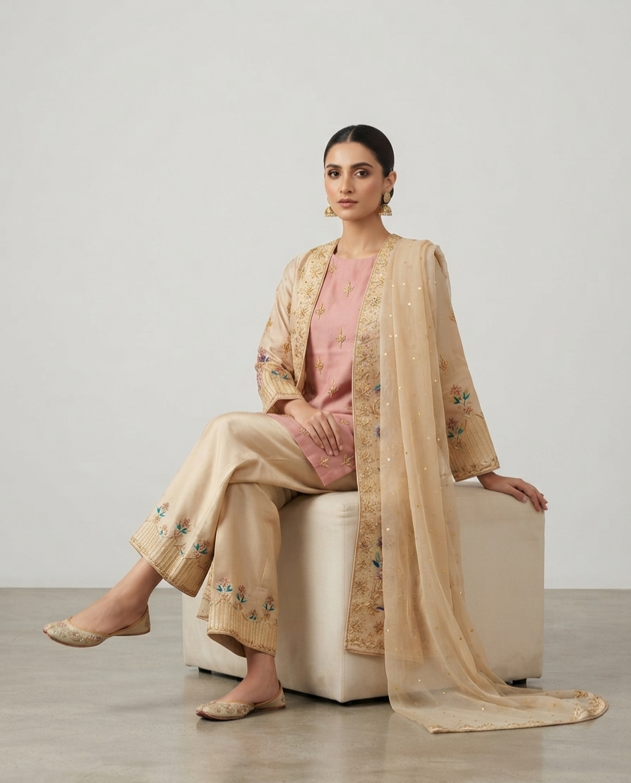 Ethereal Champagne Embellished Kurta & Palazzo Set thumbnail 3
