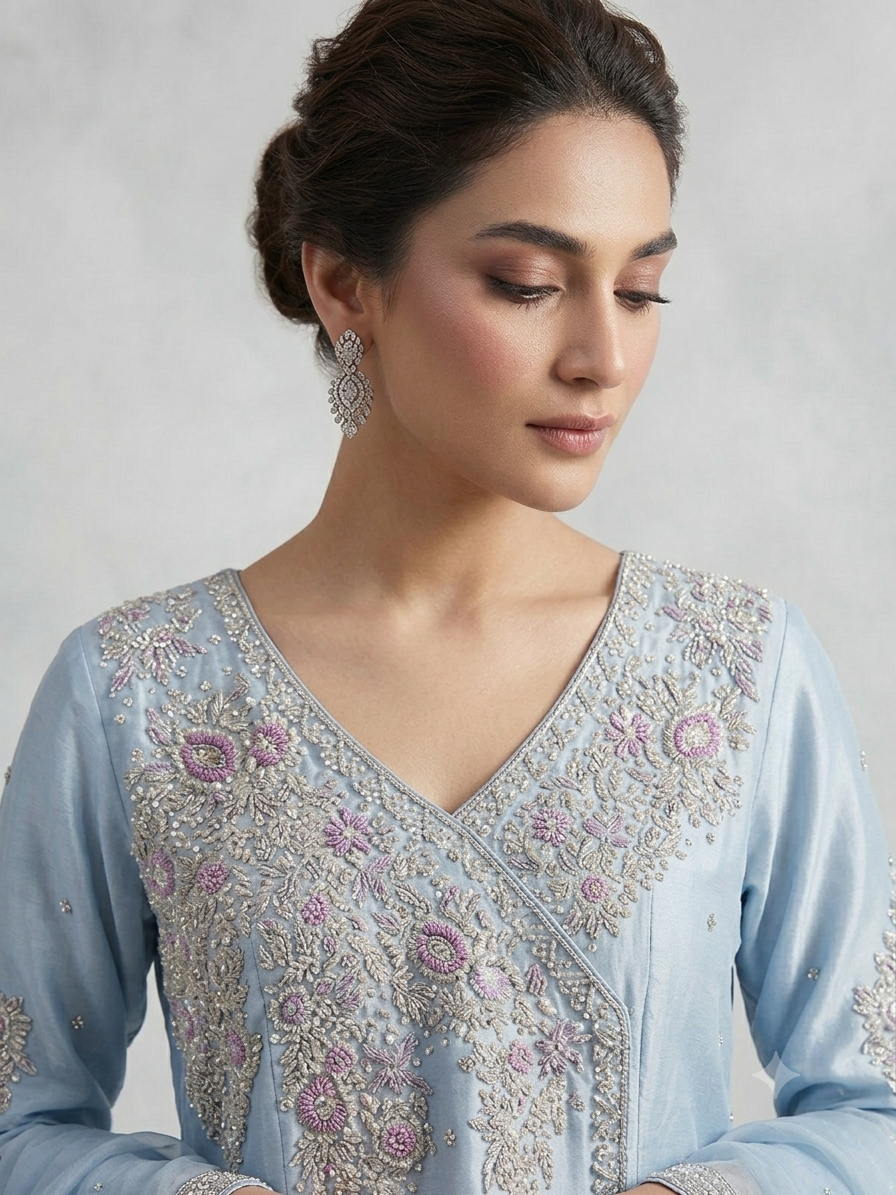 Sophisticated Ice blue silk angarkha thumbnail 2